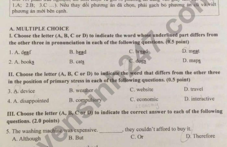 Đáp án đề thi môn anh vào lớp 10 Đồng Nai