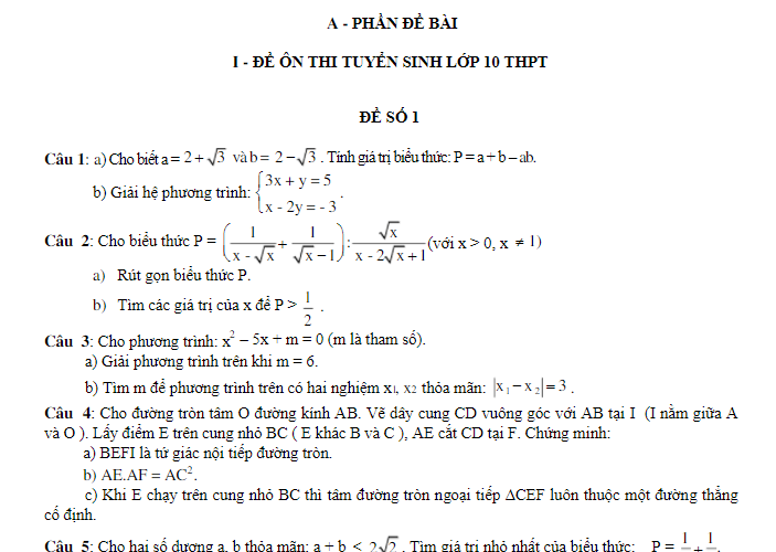 Đề thi thử môn toán vào lớp 10 hay nhất