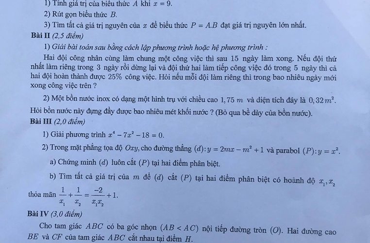 Đề thi tuyển sinh môn toán vào lớp 10 năm 2019