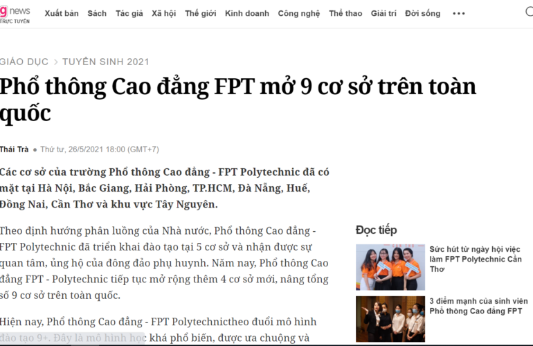 Phổ thông Cao đẳng FPT mở 9 cơ sở trên toàn quốc